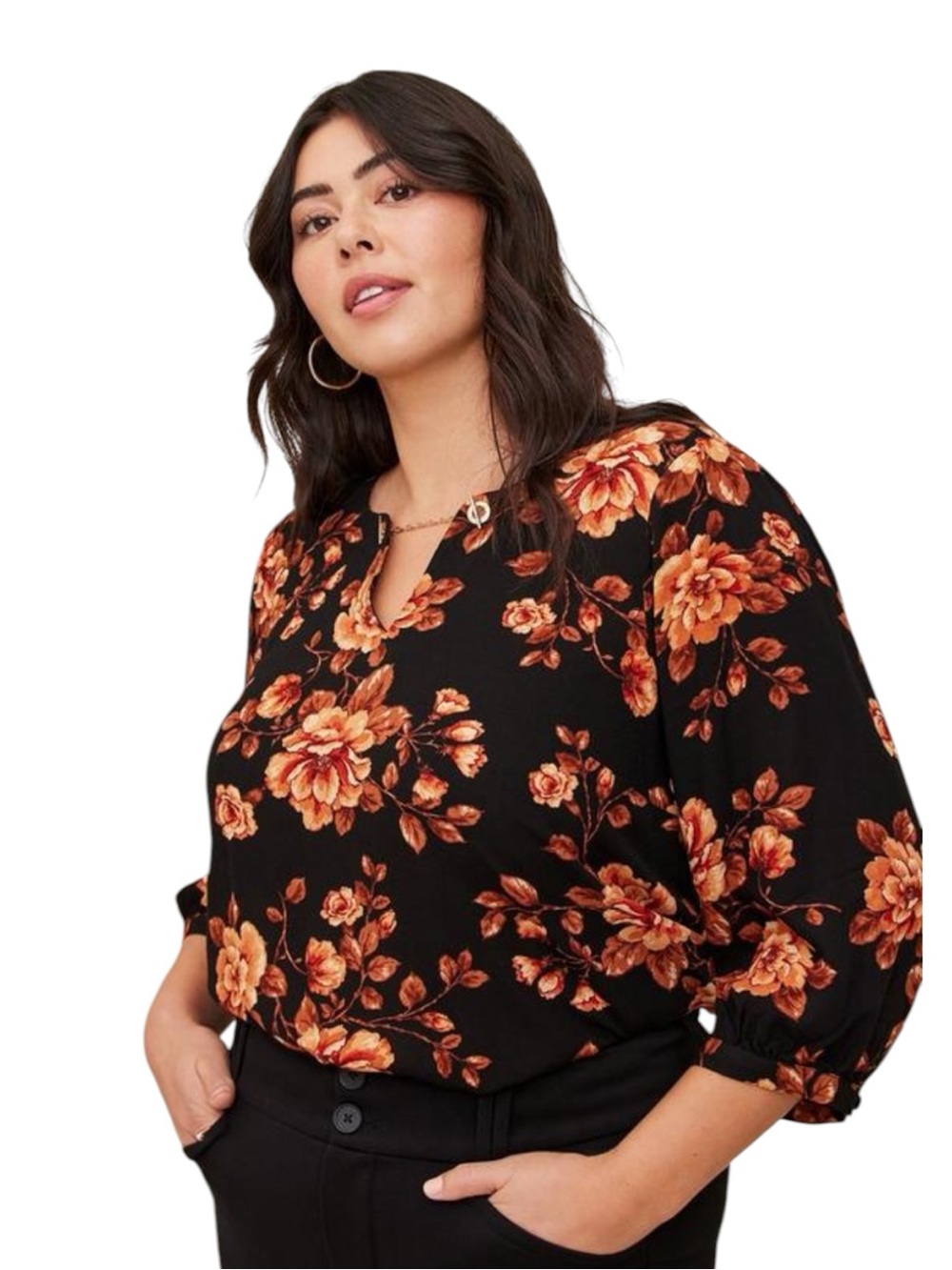 torrid Crepe Chain Detail Black Blouse with Orange Floral Print Size M/L